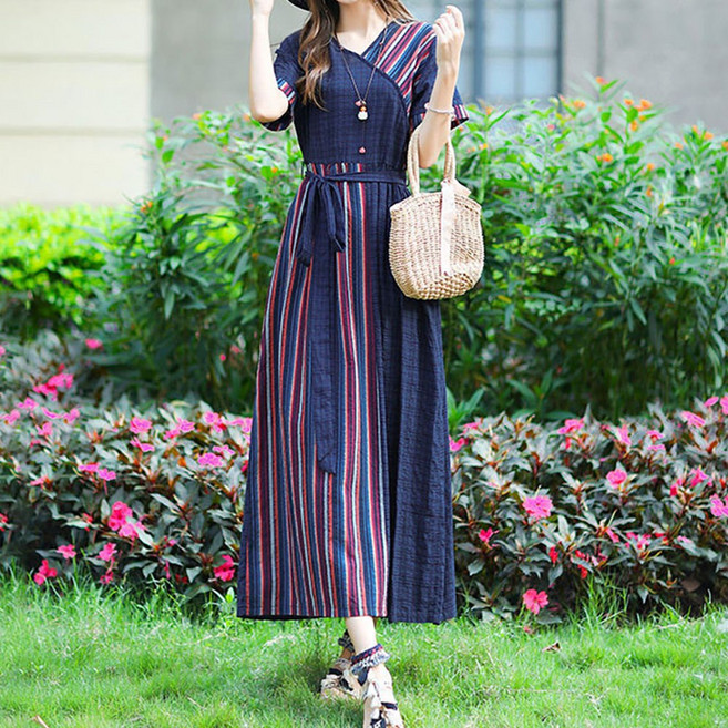 ROYALBELLE 여성 중년 브이넥 스트라이프 프린팅 패치워크 리본 A라인 면마 롱 반팔 원피스 T06031402