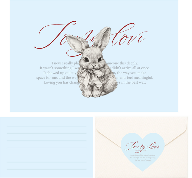 포포샵 감성 메세지 카드 편지지+봉투+스티커 세트, 5개, 블루 래빗