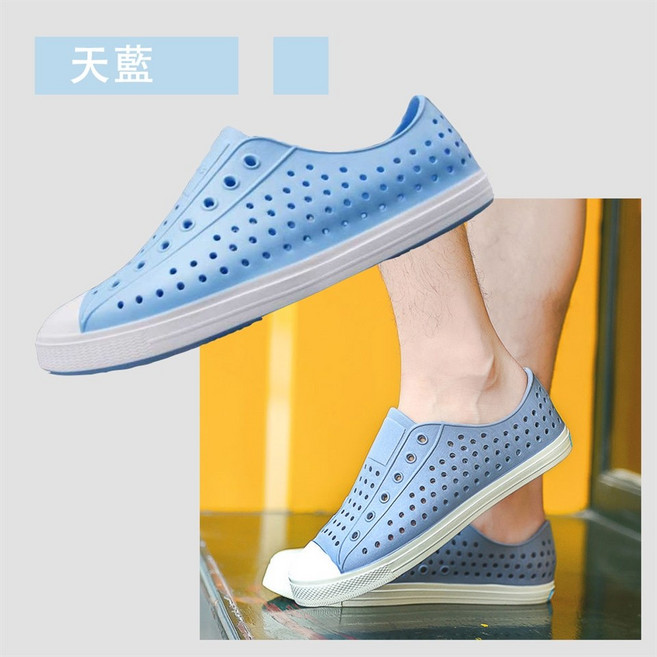 wncnative 明星同款情侶洞洞鞋 EVA鏤空軟底防水涉水鞋 透氣防滑休閒鞋, 天藍,40