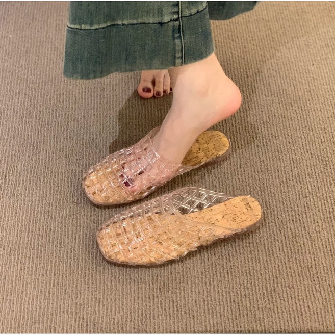 쌍천 투명 크리스탈 펀칭 메쉬 젤리 슈즈 샌들 슬리퍼