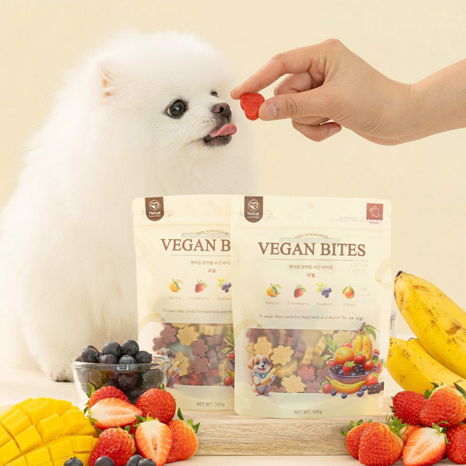 펫테일 비건바이츠 강아지 야채 과일 트릿 저알러지 췌장염 비건 간식 8종, 과일믹스/딸기 망고 바나나 블루베리, 100g, 1개