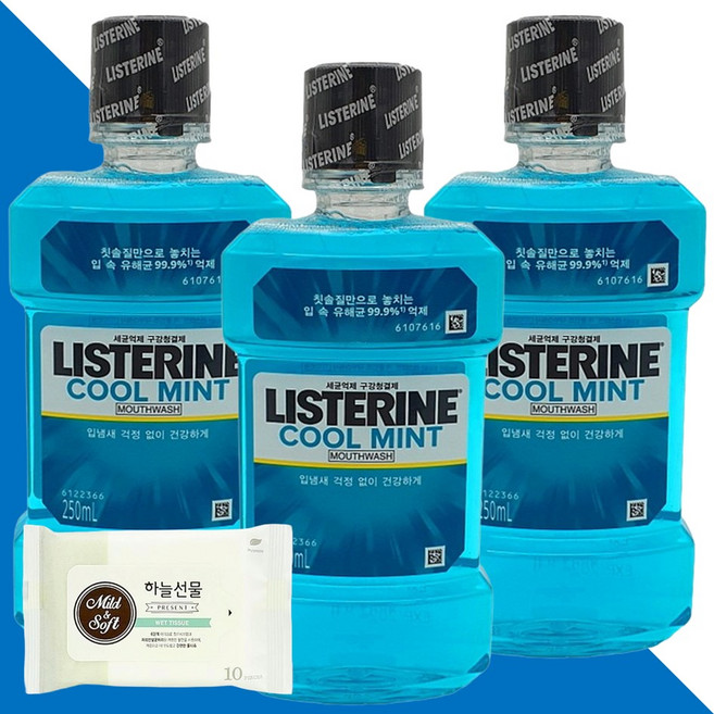 리스테린 쿨민트 마우스워시 구강청결제 250ml 3개(+하늘선물 물티슈 10매), 3개