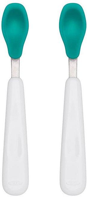 OXO 토트 유아용 실리콘 밥먹이기 숟가락 세트 실리콘 소재 짙은 그린, 청록색