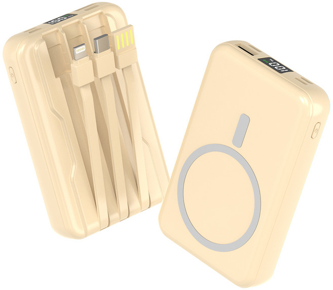 대용량 맥세이프 호환 보조배터리 20000mAh 무선충전 케이블 일체형 LCD 잔량표시, 옐로우, 1개