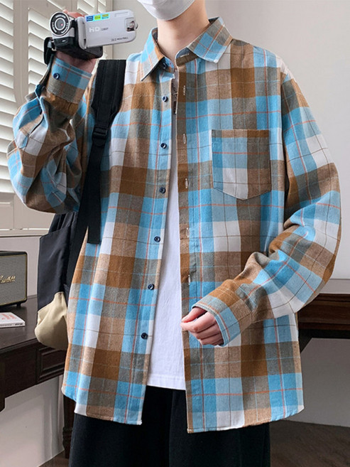 남자 긴팔 코튼 플레드 봄 가을 남방 체크셔츠 루즈 자켓 캐주얼