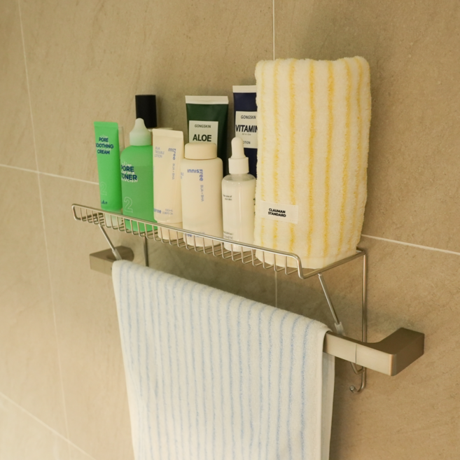 별별공간 무타공 수건걸이 거치 선반, 실버, S-14