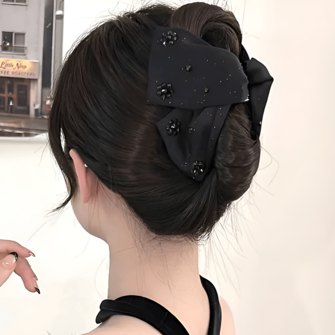 여성 레트로 프렌치 나비 리본 큐빅 헤어 집게핀
