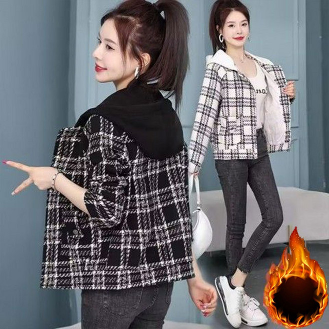 TKX 여성 가을 겨울 프리미엄 두꺼운 배색 후드 자켓 체크무늬 패턴 루즈핏