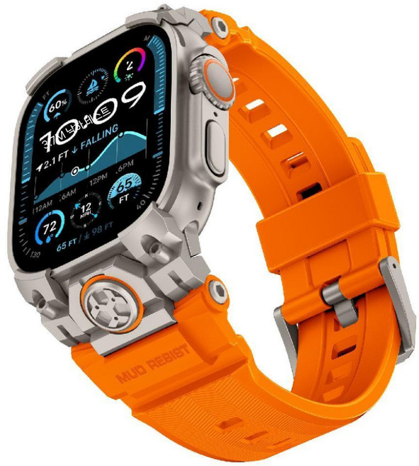 애플워치 울트라 3세대 스트랩 메카 베젤 일체형 케이스 실리콘 밴드, 49mm (Ultra 1/2/3 세대), 주황색 티타늄 버클