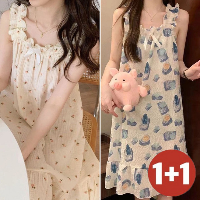 TKX 1+1 여성용 봄 여름 편안한 소재 무소매 프릴 장식 나시 드레스 귀여운 플로럴 패턴 잠옷 데일리룩 K79