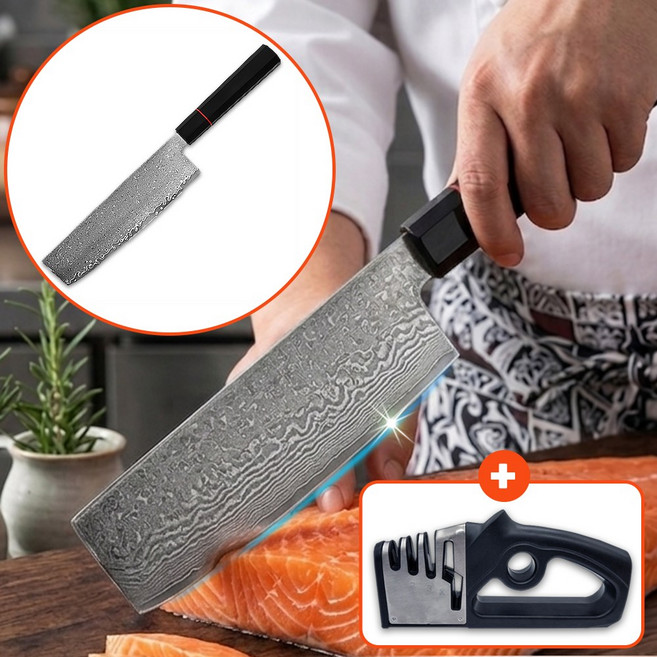 다마스커스 미니 중식도 주방 업소용 식칼 선물용 셰프 식도+칼갈이 사은품, 1개, 미니중식도 블랙