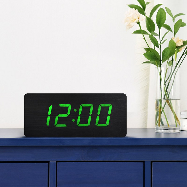 빅사이즈 대형 탁상시계 무소음 LED 전원어댑터 포함 LED 우드시계 알람시계, 블랙우드_그린LED