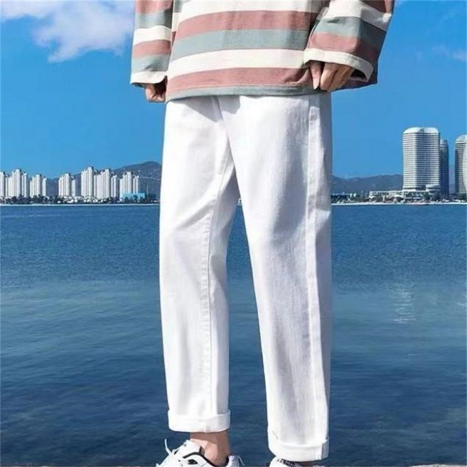 Vezri 남성용 봄 여름 얇은 일자 와이드핏 트렌드 바지 캐주얼 코디 데님 팬츠 W66