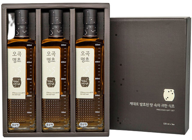 초산정 오곡명초 520ml 3입 선물세트/전통식품 자연발효식초 홍초 미초 흑초, 1세트