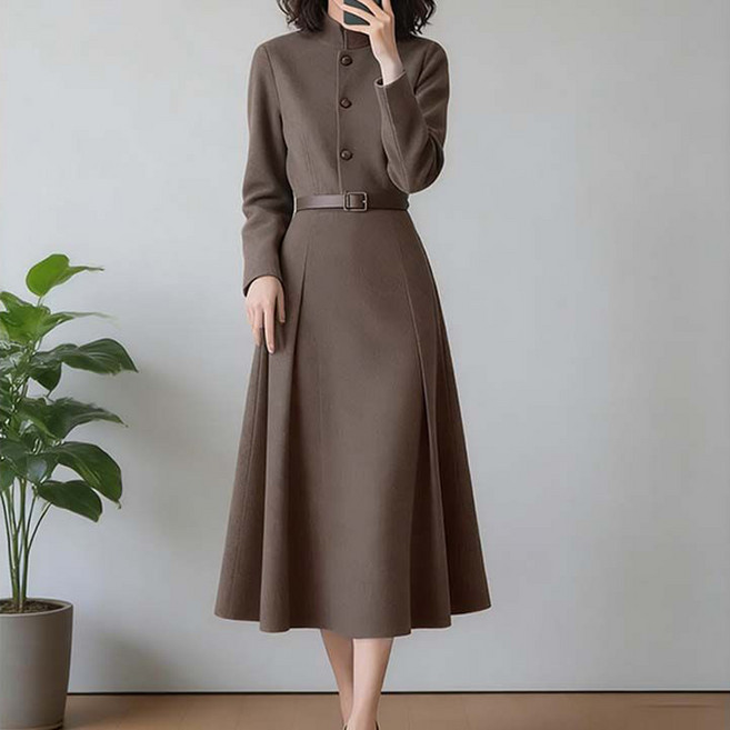 중년 여성 긴팔 원피스 봄 가을 프렌치룩 캐주얼 허리끈 치마 패션 슬림핏 엄마 원피스 LJX