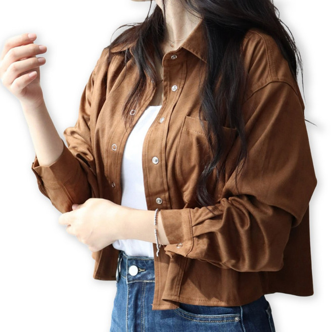 메리앤유 크롭기장 스냅버튼 디테일 인조 스웨이드 자켓형 남방