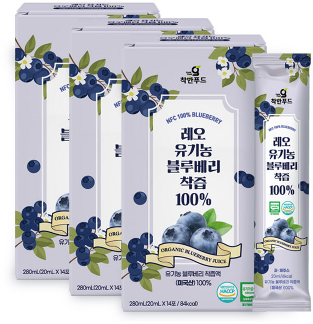 착한푸드 레오 유기농 블루베리착즙 100%, 280g, 3개