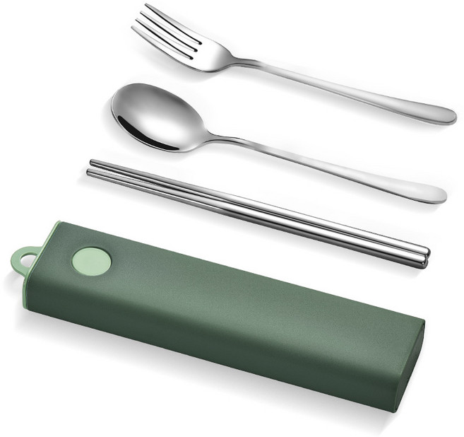 304不鏽鋼 靜音設計 抽拉式 餐具組 (附收納盒) 銀餐具+綠盒 1套 湯匙 叉子 筷子, 湯匙, 叉子, 筷子