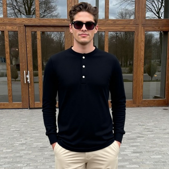 [펜타온] 와플조직 3버튼 스탠다드 아미핏 긴팔 라운드 티셔츠