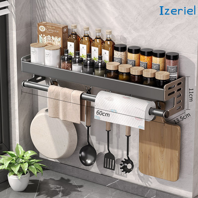 Izeriel 주방 무타공 다기능 조미료 양념통 선반 일체형 다용도 벽걸이 수납 정리대 튼튼한 납 벽선반 무펀칭 욕실 수납스테인리스 싱크대 선반, 그레이, 1개