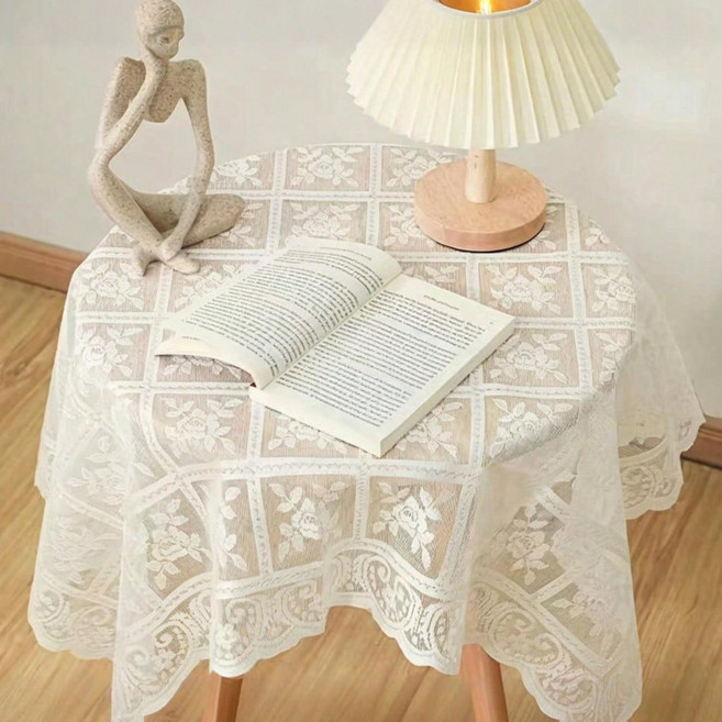 레이스 테이블보 소형 꽃무늬 거실 테이블 장식 커버 TV장 커피테이블용 장식천 1개, 90*90cm, 흰색