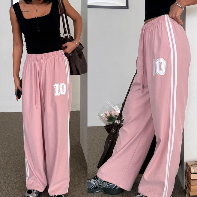 러브포텐 여성 빅사이즈 와이드 트레이닝바지 바스락 여름 두줄 롱팬츠