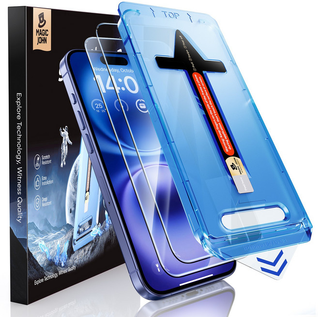 MAGIC JOHN 매직존 아이폰적용 고투명 고화질 휴대폰 액정보호필름 지문방지 먼지제거 풀커버+부착키트 2매입, 1세트