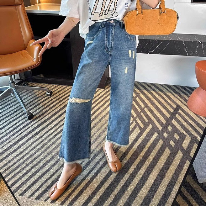 SAHINER 여성 와이드 데님 팬츠 찢어진 디테일 봄여름 캐주얼 9부 바지 APD17