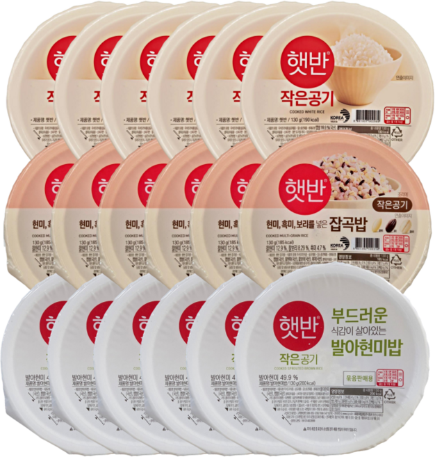 CJ 건강 햇반 작은공기 3종 혼합 ( 백미 + 잡곡 + 발아현미 ) 즉석밥 캠핑 음식, 130g, 18개
