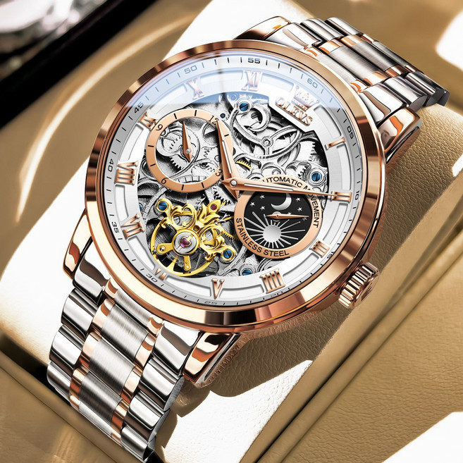 OLEVS 남자손목시계 정품 자동 기계식 오토매틱 럭셔리 명품 워터프루프 야광 일력 요일 메탈 다기능