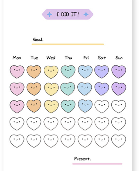 제이엔케이스토어 칭찬 스티커 습관 트래커 목표달성 챌린지 칭찬스티커판 세트 6매, 하트, 210개입