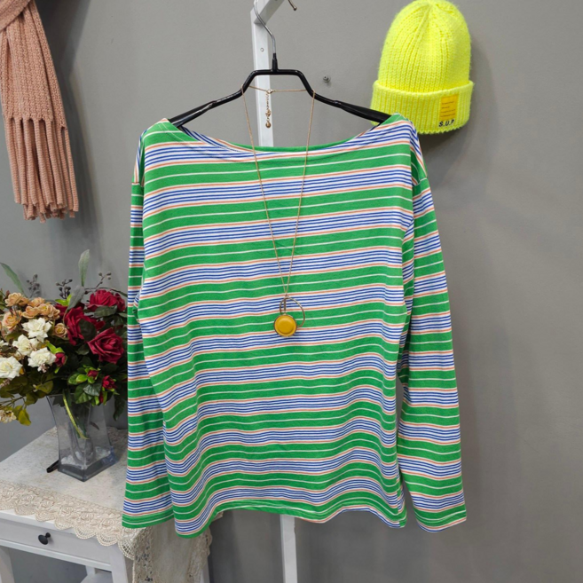 키키 캐주얼 면100% 스트라이프 입술넥 긴소매 티셔츠