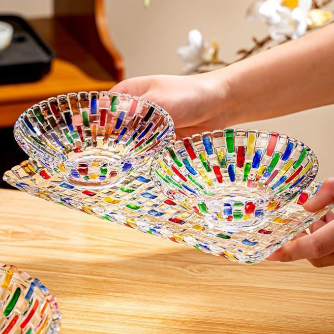 MorningSea 귀엽다 컬러 이쁜과일접시 유리그릇 쟁반 과일 사탕 쟁반 유리샐러드볼 3종세트, 1세트