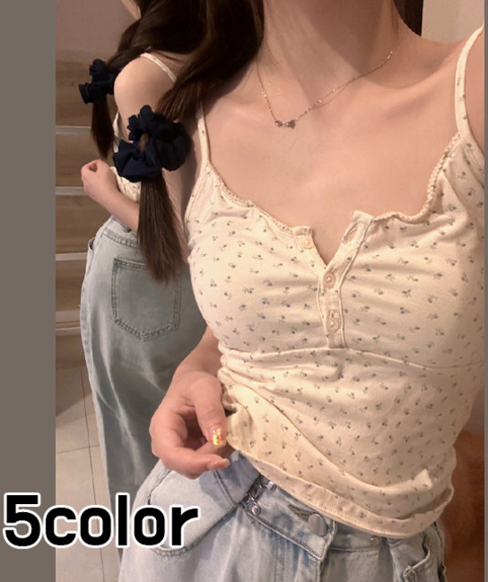 [속옷필요X] 버튼플로랄 세미크롭나시탑 (끈나시 캡내장 패드 신축성 여름 골지 슬리브리스 잔꽃 여성 민소매 여름 레이어드 )