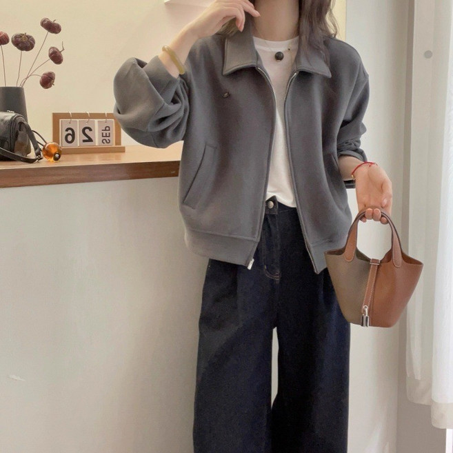 短款拉鍊夾克外套 春秋新款小個子寬鬆顯瘦韓版翻領