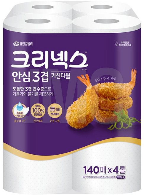 (유한킴벌리)크리넥스 안심 3겹 키친타올 140매 4롤 1개, 4매