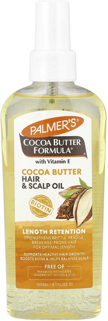 행복하세요 Palmer's Cocoa 버터 포뮬라® 비타민E 함유 길이 유지 및 모발 및 두피 오일 함유 150ml(5.1fl oz) 건강하시구요, 1개, 150ml - 쿠팡