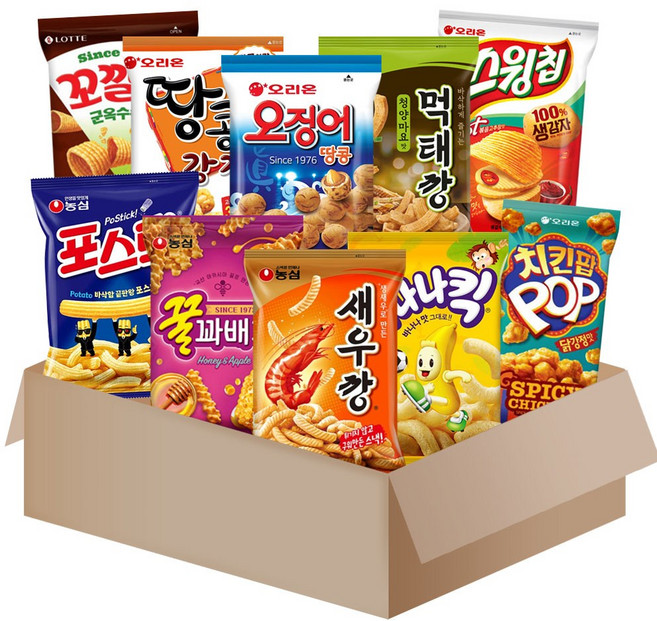 [메리박스] 농심스낵 10종세트 3호(새우깡+꿀꽈배기+포스틱+먹태청양+바나나킥+땅콩강정+오징어땅콩+꼬북칩+스윙칩+꼬깔콘), 1개, 1박스