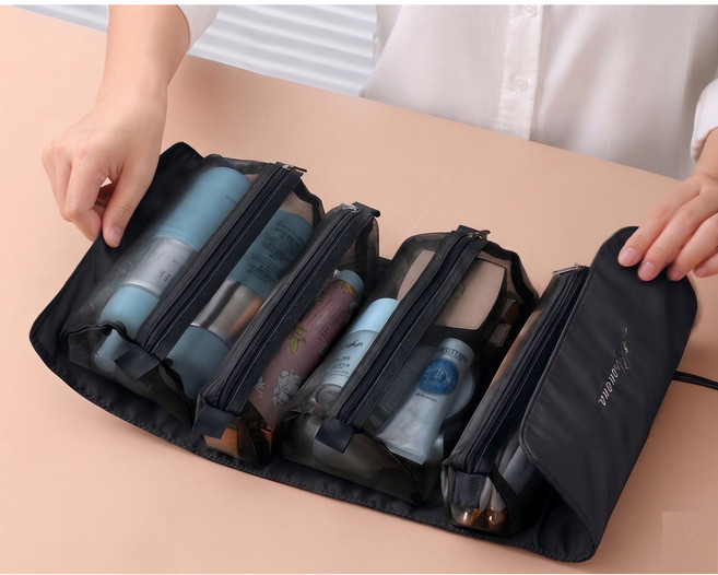 리치그로우 (블랙 Black) 4단 분리 메쉬 여행용 파우치 세트 롤업 화장품 파우치