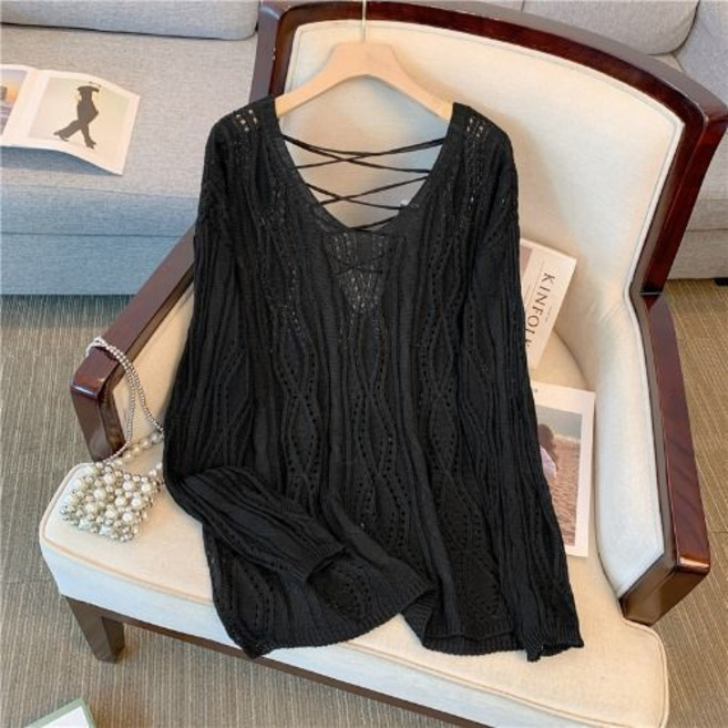 봄 가을 여성 펀칭 브이넥 니트티 빈티지 자외선 차단 긴팔 풀오버 티셔츠 얇은 상의 SYW