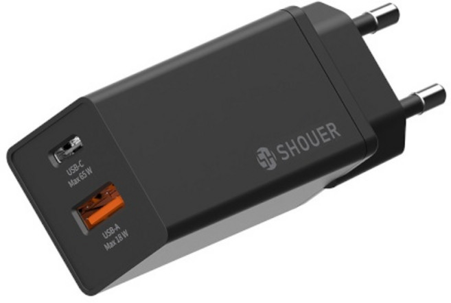 (샤우어) 65W GaN 초고속 충전기 SH-GE65W10UC (C타입:1포트/A타입:1포트) (블랙), 1개, 블랙