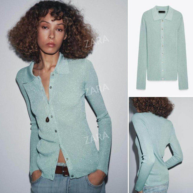 자라 여성 메탈릭 실 니트 폴로 셔츠 가디건