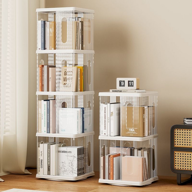 360도 회전 투명 아크릴 책장 2~5단 원형 사각 대용량 거실 서재 사무실 인테리어, 4단
