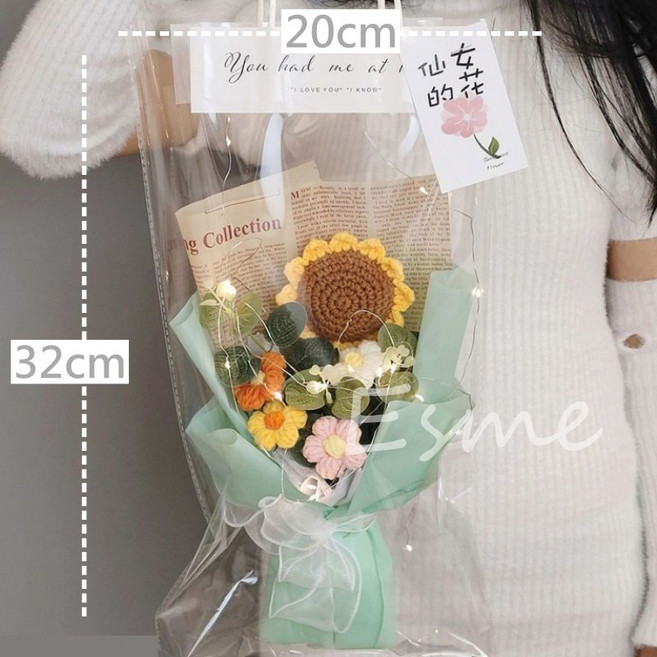 Esme 針織花束 畢業禮物 向日葵小花束 附提袋燈串, 1個, 小針織花+提袋+燈串-向日葵綠, 向日葵綠