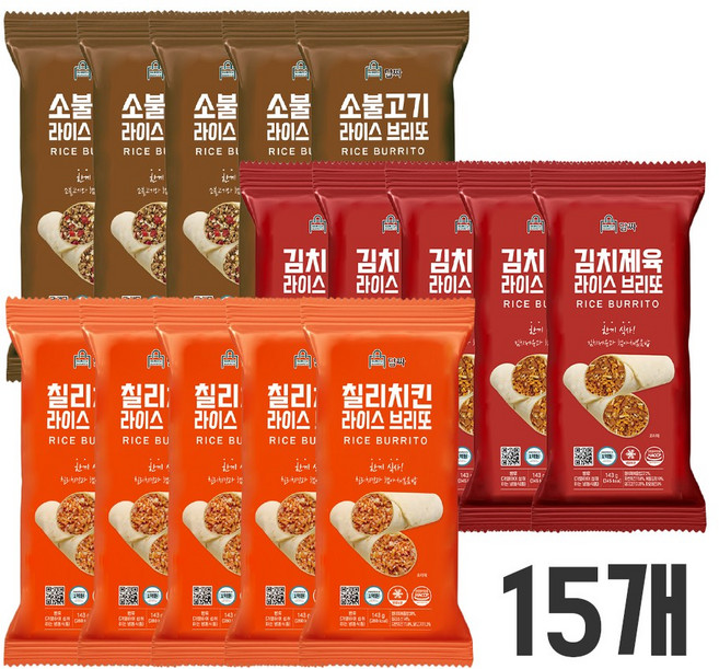 [담짜몰] 담짜 브리또 3종 5+5+5 소불고기 김치제육 칠리치킨 라이스 브리또 143g식사대용아침식사냉동식품간편식, 15개, 143g