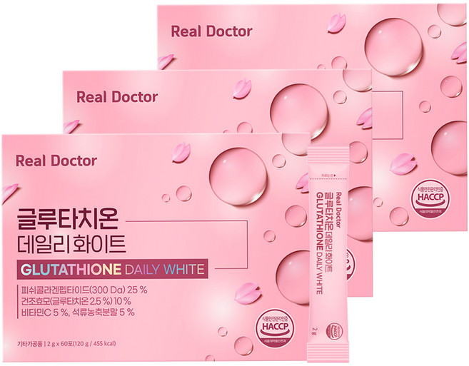 리얼닥터 글루타치온 데일리 화이트 2g*60포 (2개월분) / 1포당 300달톤 콜라겐 맛있는 글루타치온 고함량 면역 피부미백 백옥피부 저분자콜라겐 히알루론산 엘라스틴 피부탄력, 3박스, 60회분