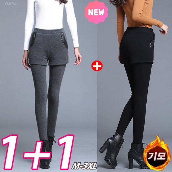 YLEMI 1+1 가을 겨울 여성 빅 사이즈 기모 의류 반바지레깅스 스판 밴딩팬츠 심플하고 편한 원단 2P