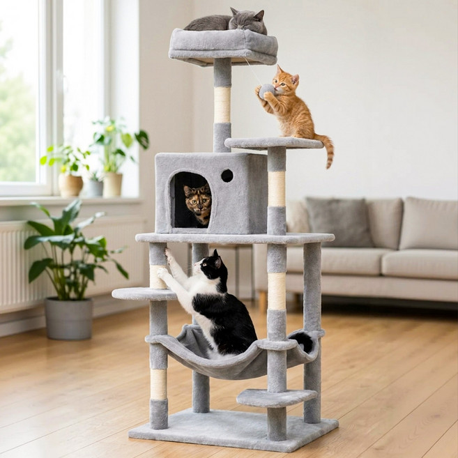 고양이 타워 다층 7단 스크래처 집 침대 해먹 겸용 안정적인 고양이 놀이터, 1개, 그레이