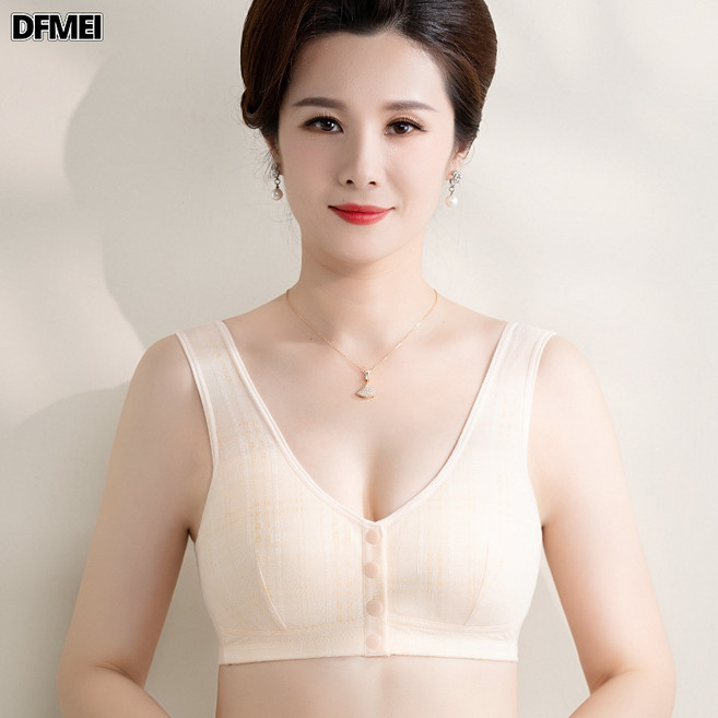DFMEI 媽媽內衣背心式前扣文胸無鋼圈中年婦女超大碼夏季薄款格子