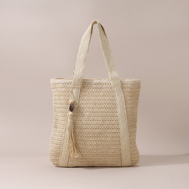 純色編織包 時尚單肩紙繩草編包, 米色